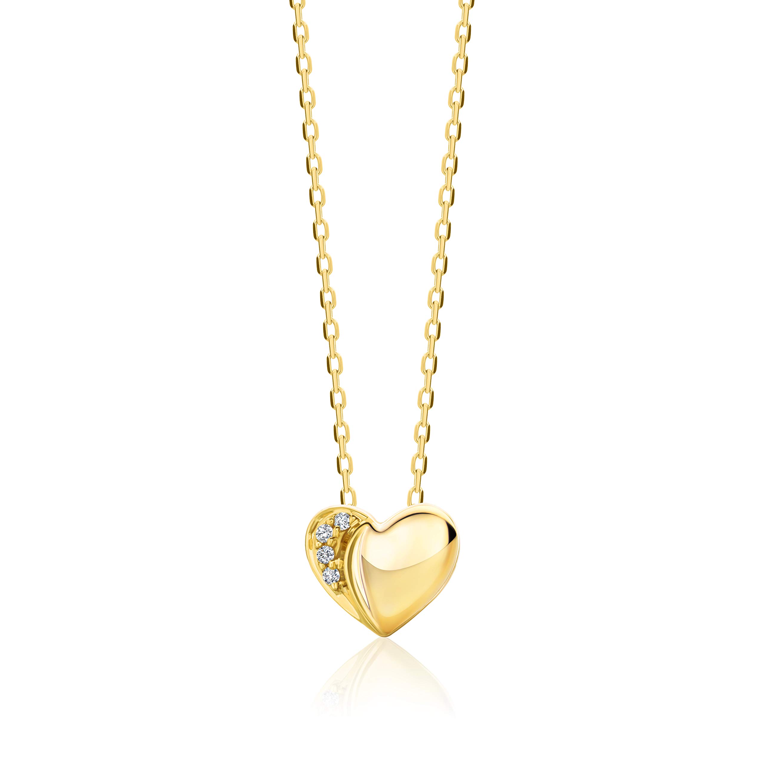 OROVI Schmuck Damen Diamant Herz–Kette Gold mit Herzanhänger besetzt mit 4 natürlichen Diamanten Brillanten in einer Krappenfassung Zeitlose klassische Halskette Weißgold/Gelbgold 9 Karat(375), 45cm