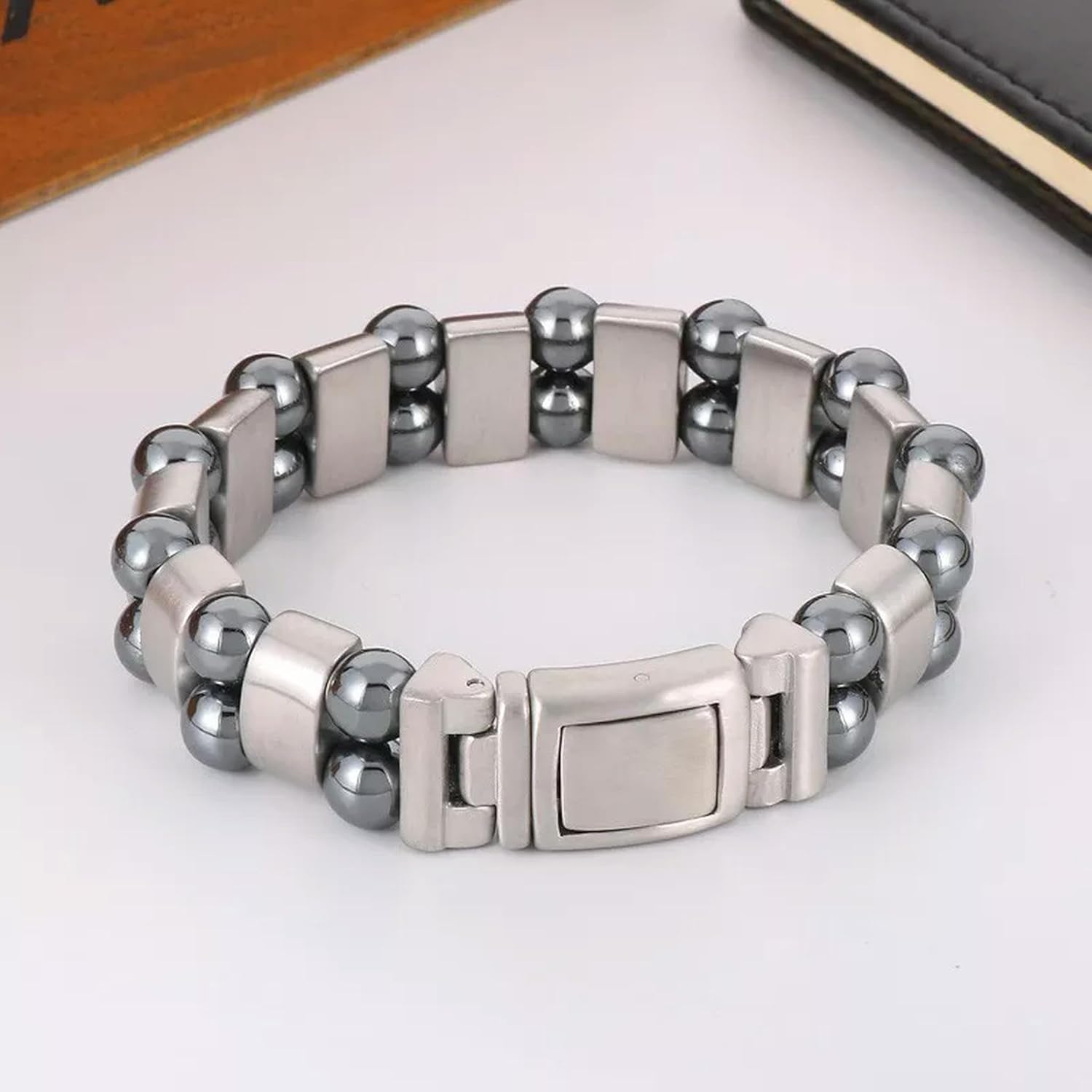 Cool Double Gray Iron Stone Bead Stainless Steel Link Chain Bracelet 15mm 8.26''