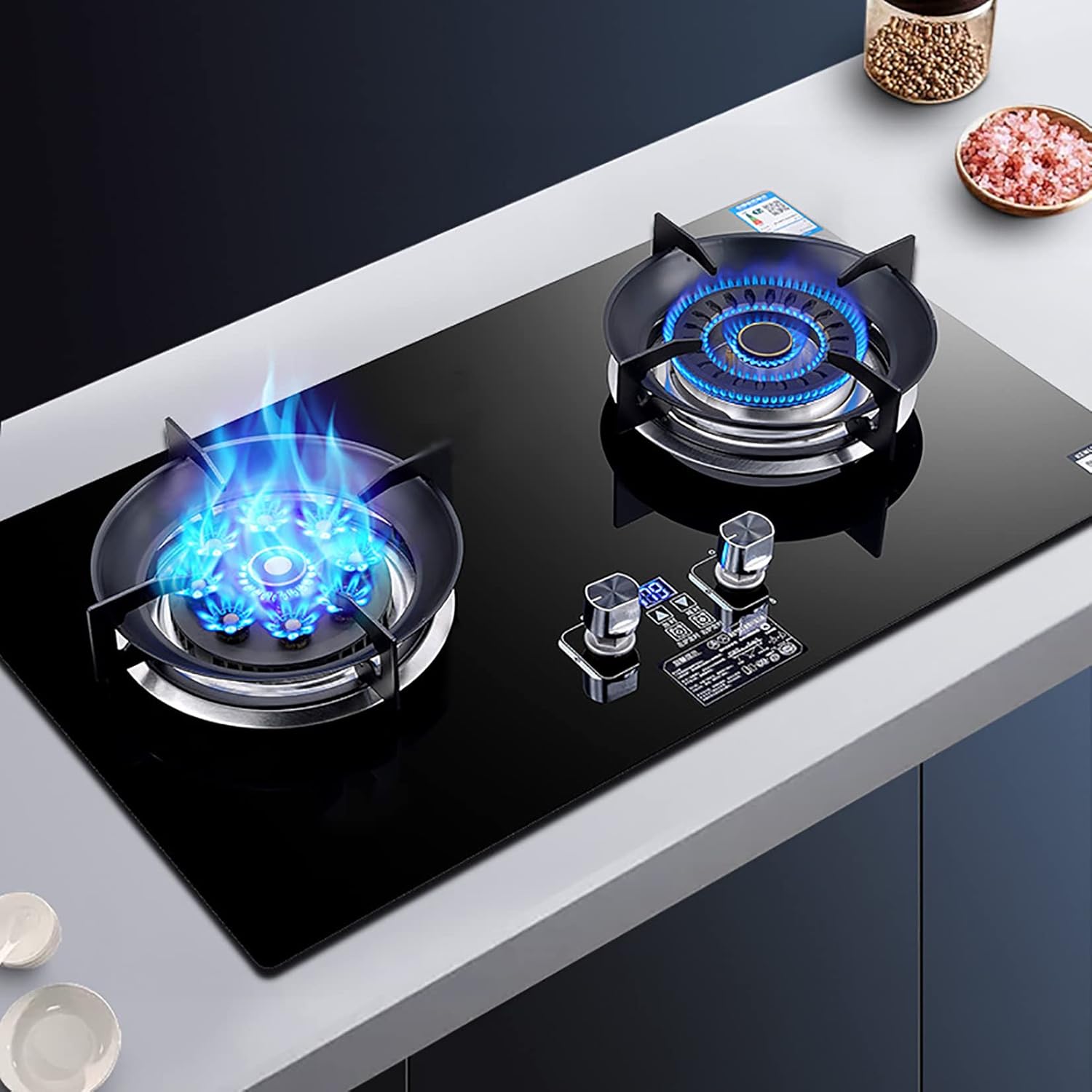 Drop-In Gas Stove Top 2 Burner, Tempered Glass Gas Cooktop, Home Kitchen Built-In Gas Cooker, 0-180 Minutes Timer(Black) (Black)