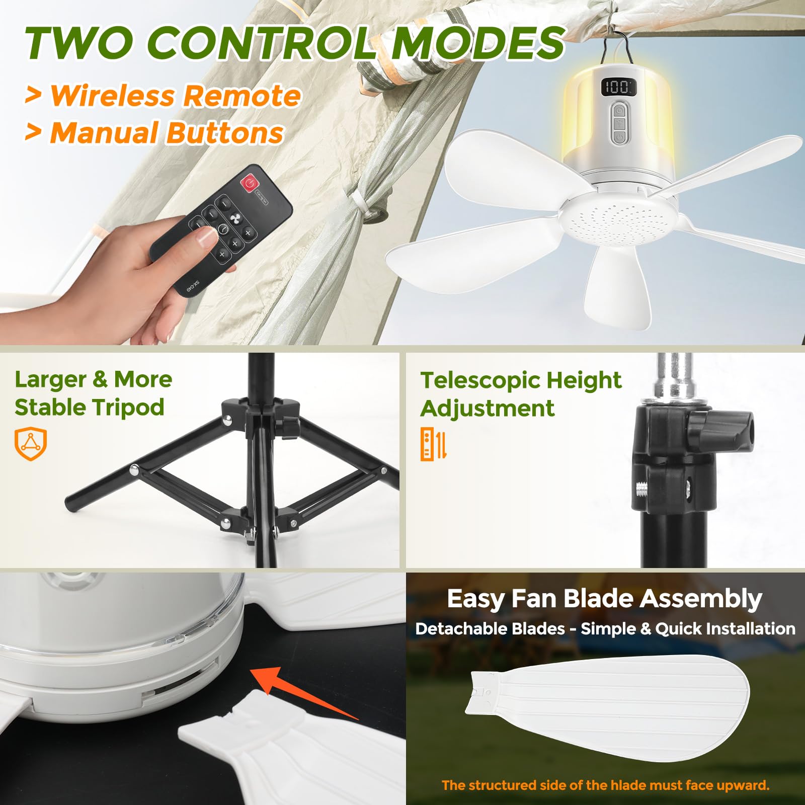 Roadtime Ventilador de techo de 40 cm portátil con iluminación LED y mando