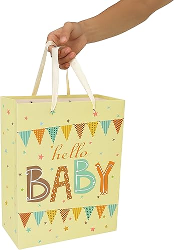 Miniatura 6 de Juego de bolsa de regalo grande de color amarillo claro de 13 pulgadas con tarjeta de felicitación y papel de seda verde (hola bebé) para baby