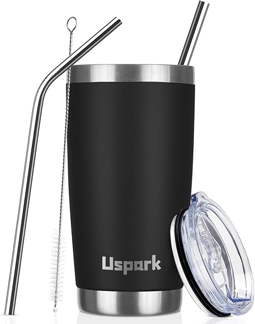 UsparkMC 20oz 550ml Tumbler Stainless Steel with Lid and Straw,Double Wall Vacuum Insulated Coffee Travel Mug for Hot & Cold,Reusable Cup,BPA Free,Black