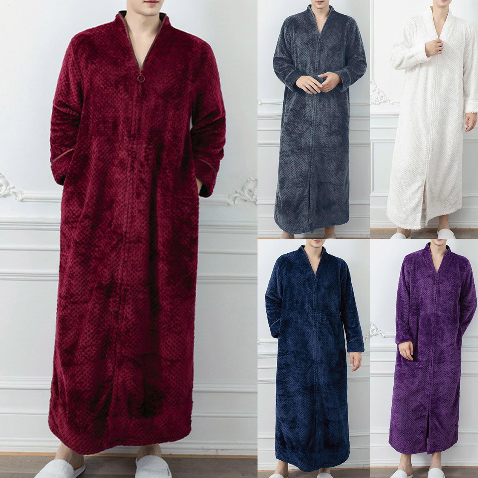 Accappatoio da uomo lungo, invernale, caldo, con scollo a V, in pile, per sauna, con chiusura lampo, per casa, lounge, kimono