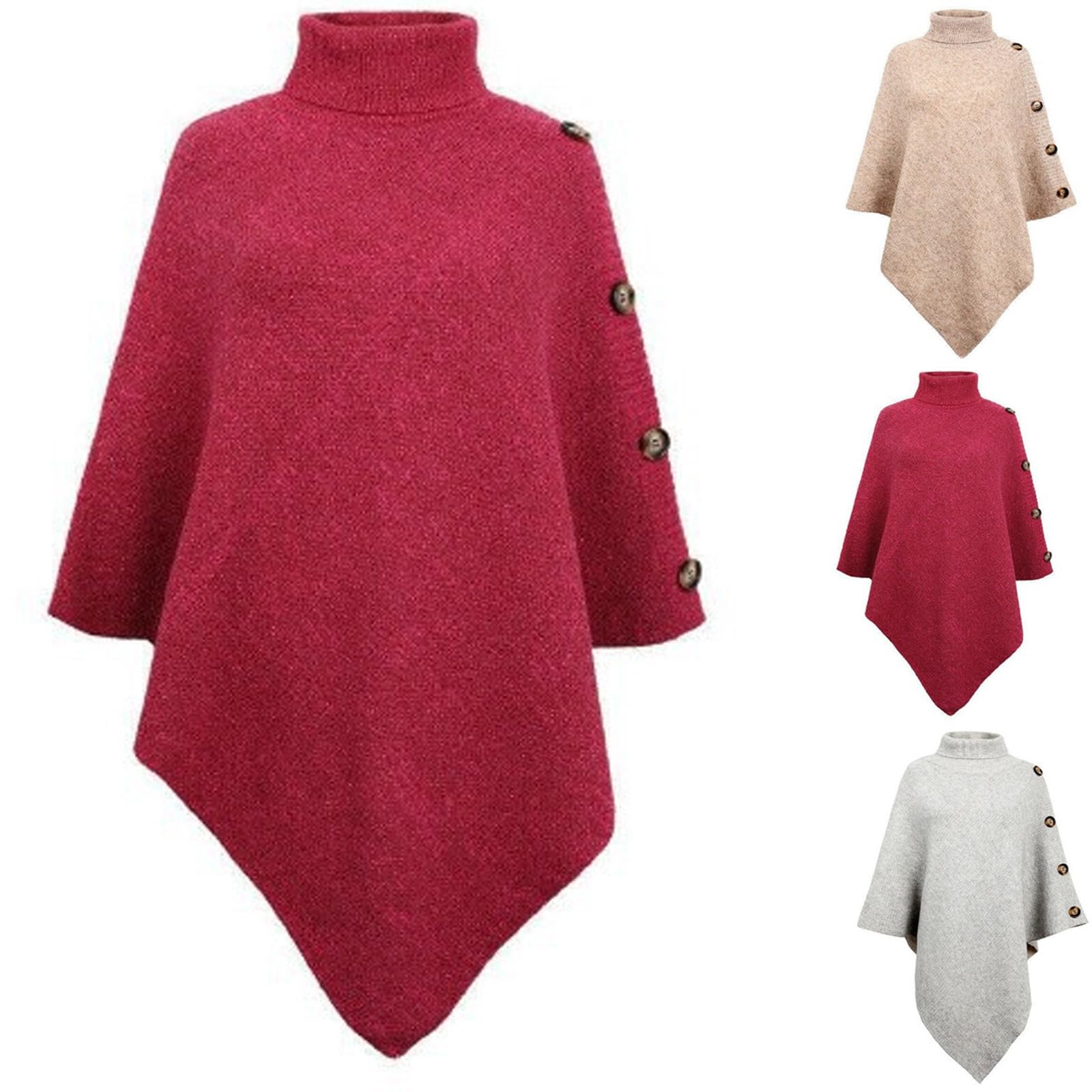 Womens Turtleneck Button Detail Poncho Fall Winter Casual Fashion Knitted Pullover Cape Asymmetrical Sweaters