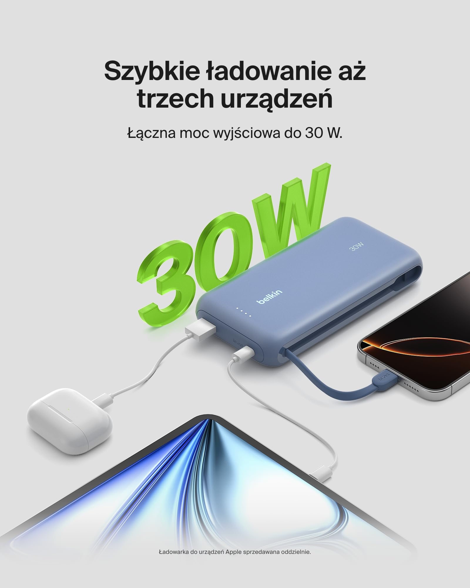 Belkin Przenośna ładowarka, powerbank 20 000 mAh PD 30 W ze zintegrowanym kablem – szybkie ładowanie USB-C Power Delivery, do urządzeń iPhone serii 16, iPad Pro, Galaxy serii S25 i innych – niebieska