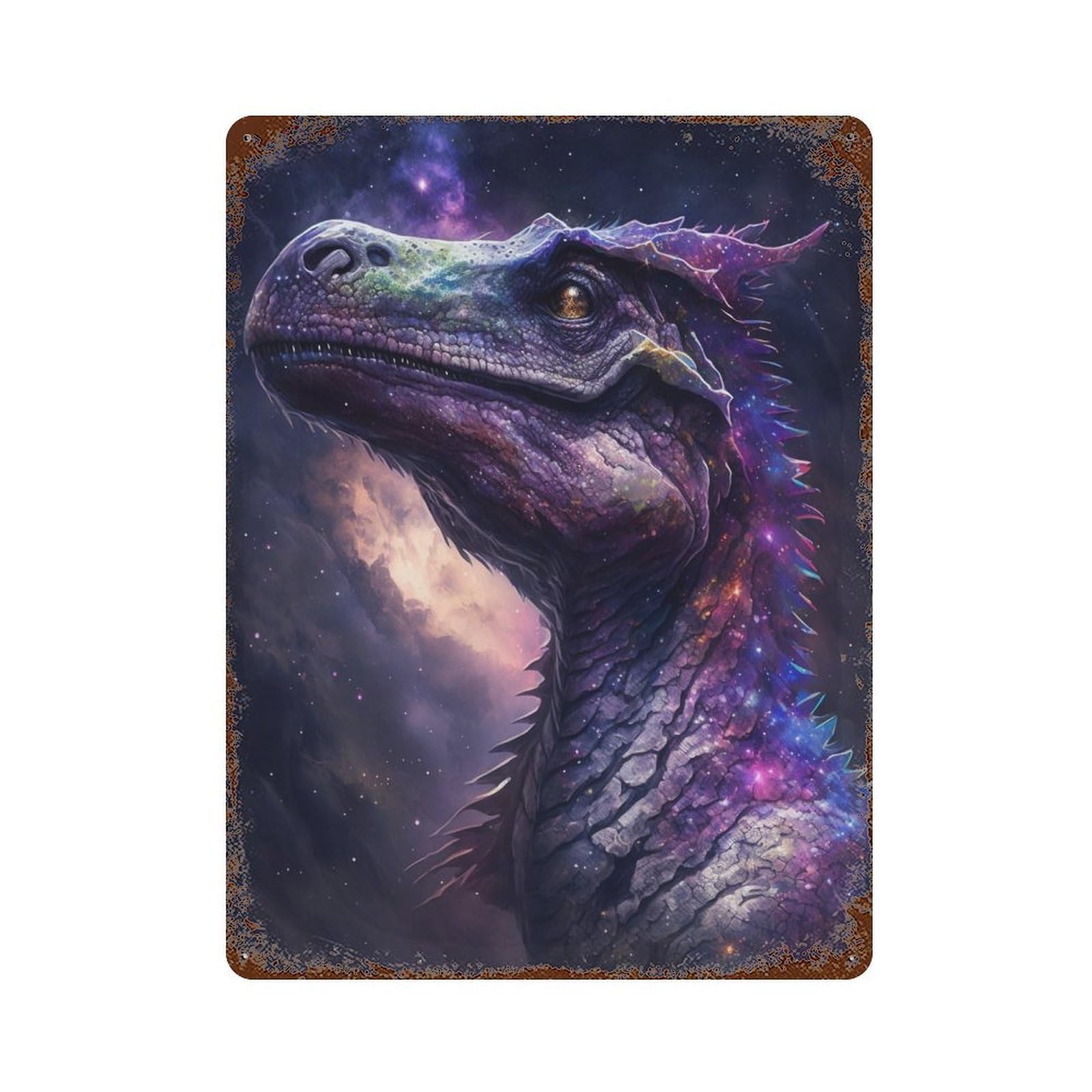 Galactic Dinosaur Artwork Rust Effect Tin Sign 15.7"x11.8", Rustic Home Decor for Garage, Pub Or Kitchen