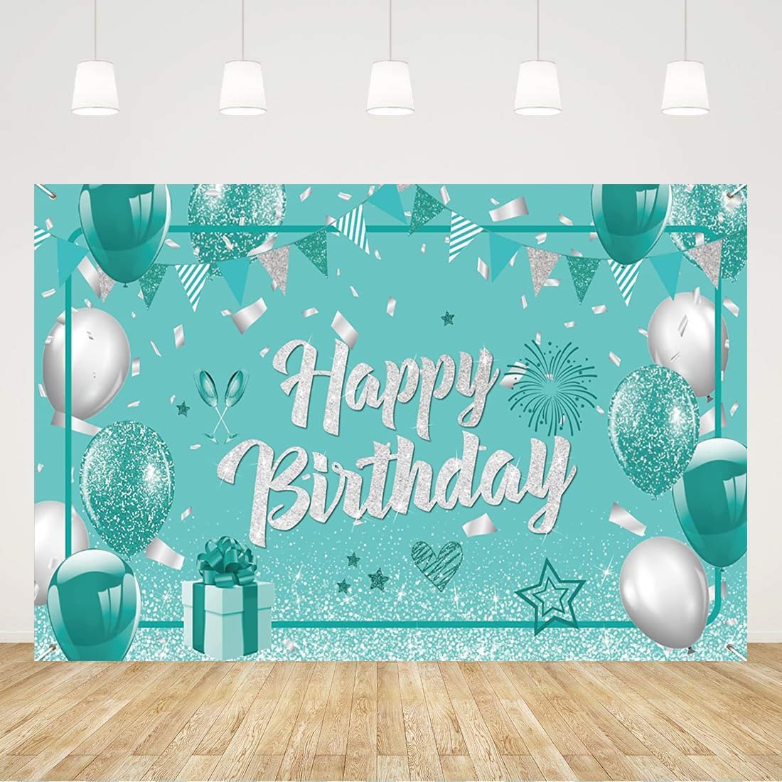 Teal Backdrop Turquoise and Silver Birthday Backdrop Green Birthday Decorations Glitter Mint Blue Party Banner for Girls Boys Birthday Photo Booth Baby Shower Party Supplies 72 X 42 Inch