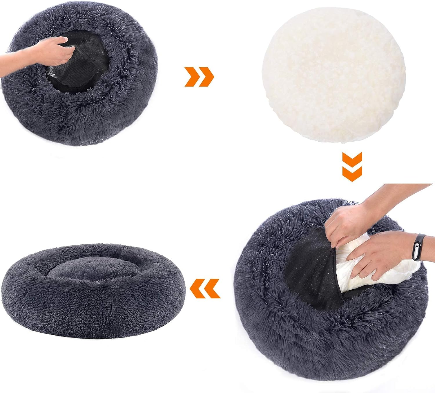 FEANDREA Dog Bed, Donut-Shaped Pet Bed, Soft Plush Surface, with Removable Inner Cushion, Washable, for Dog, Cat, 36 Inches Dia., Dark Gray UPGW041G02