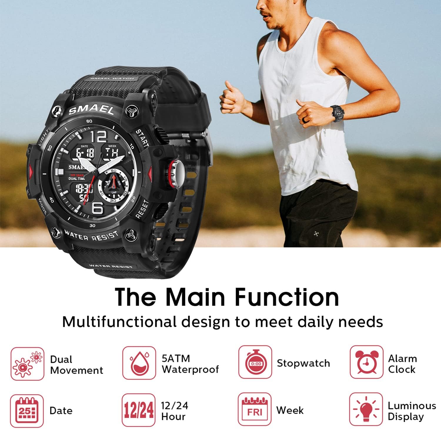 Mens Digital Watch, Sport Watches for Men Outdoor Military Digital Analog Stopwatch Waterproof Multifunctional Wrist Watch - Image 4
