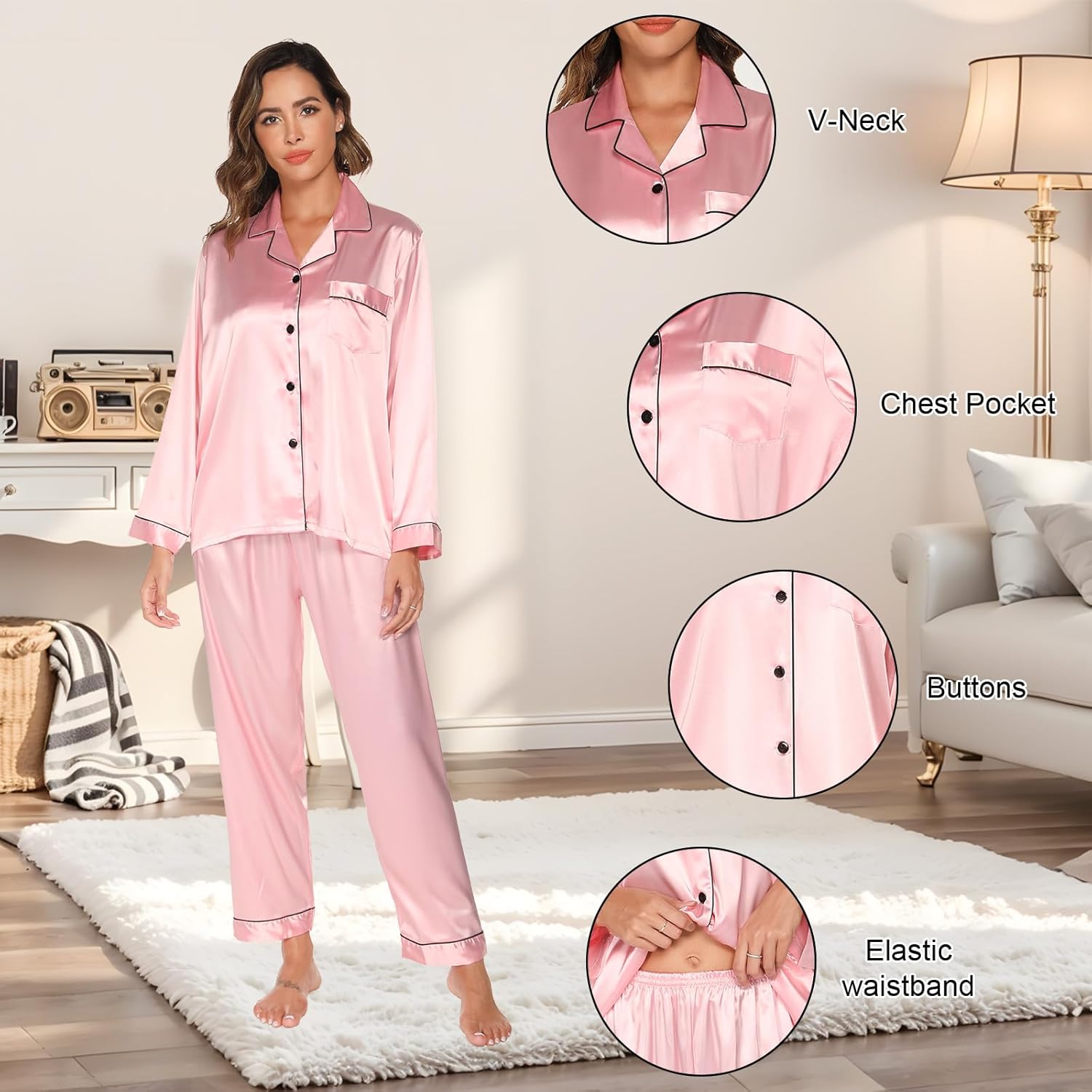 Silk Pajamas for Women Set Long Sleeve Satin Pj Set Two Piece Soft Sleepwear Classic Button Down Loungewear with Pockets - Image 5
