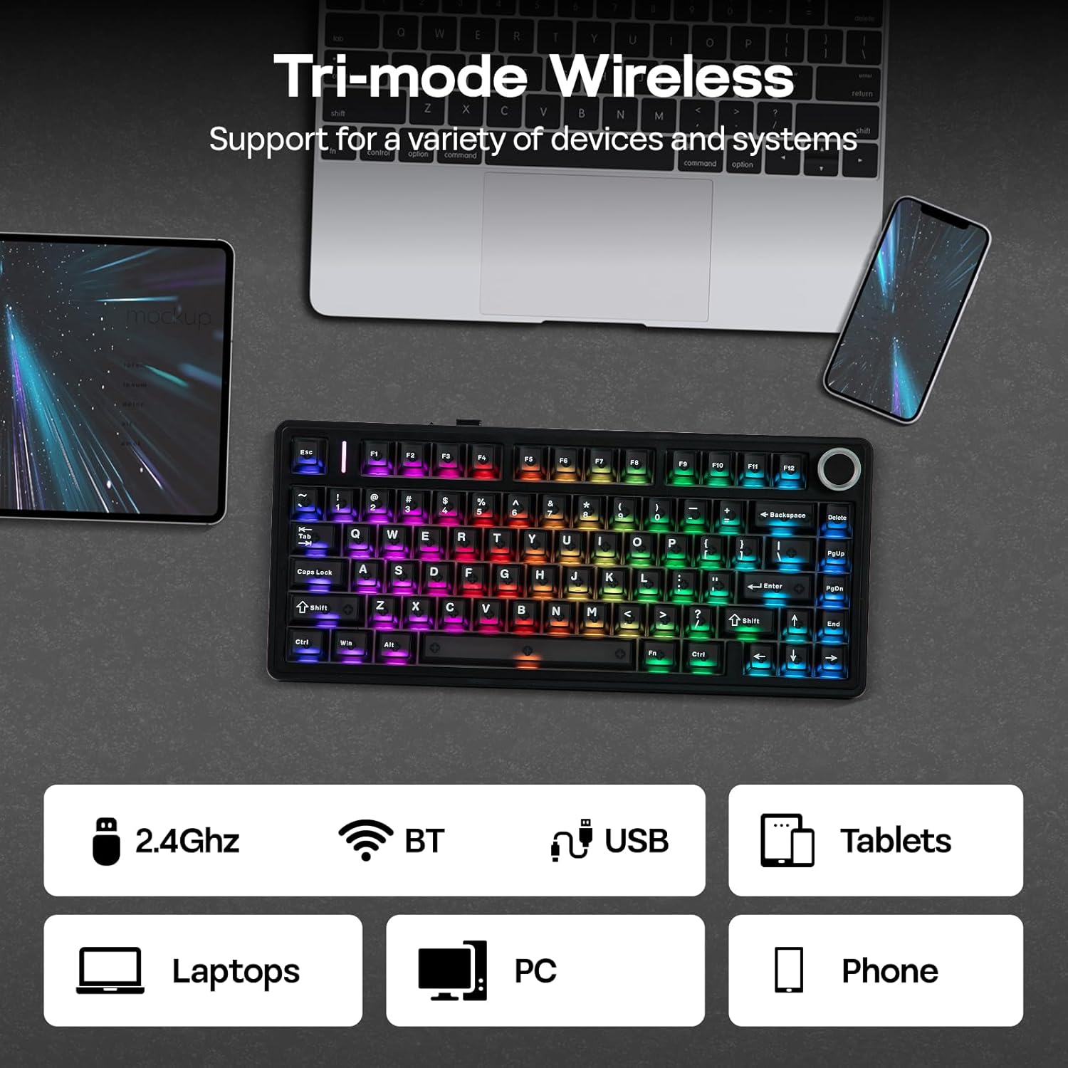 EPOMAKER x Aula F75 Ultra Wireless Gaming Keyboard with Knob, 10000mAh, Hot Swap, RGB, PBT Keycap, Creamy Sound, VIA, 75% Mechanical Keyboard for Win/Mac (Black, Reaper)