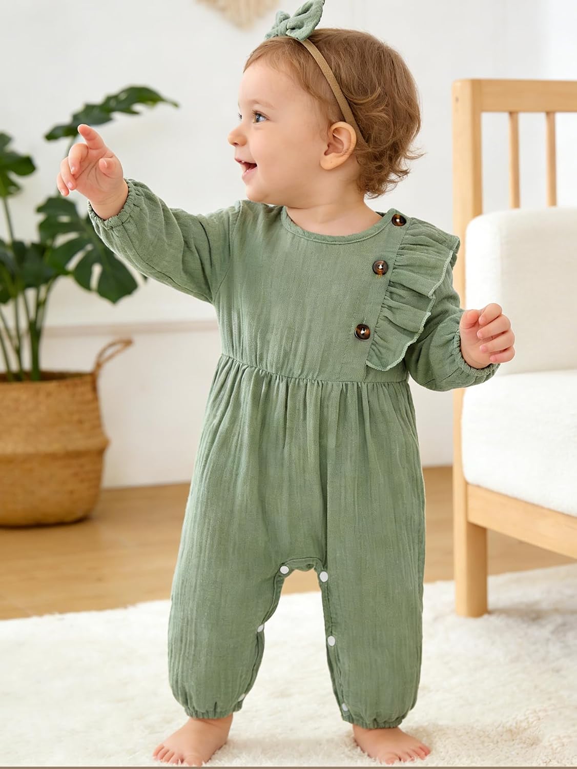Newborn Baby Girls Smocked Romper Preemie Long Sleeve Going Home Outfit with Bow Headband image 3
