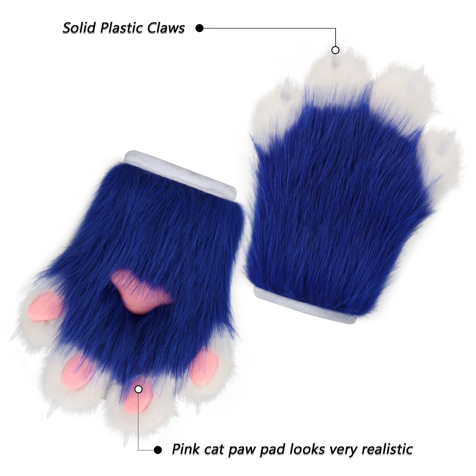 hbbhml Faux Fur Plush Furry Cat Claw Gloves Fursuit Animal Fox Paws Mittens Halloween Cosplay Costume Accessories for Adult: Blue