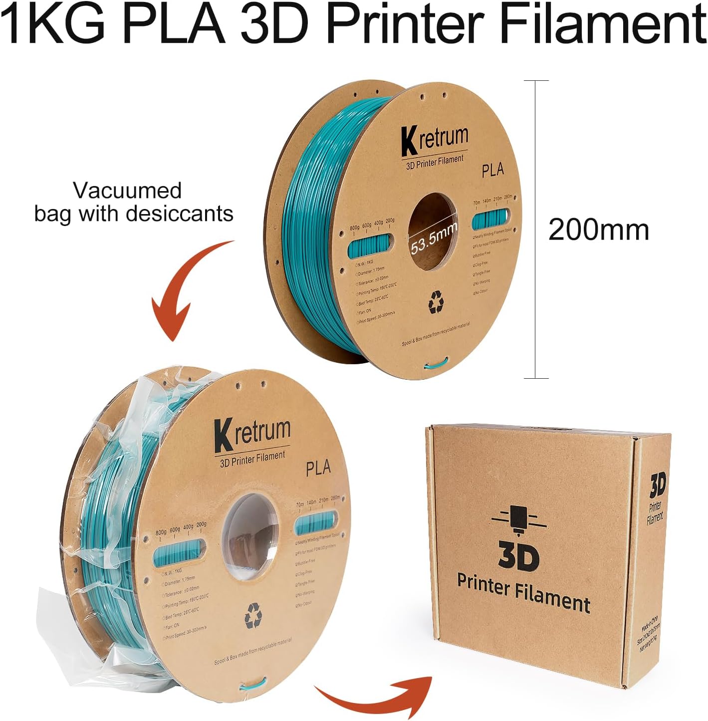 Kretrum PLA Filament 1.75 mm 3D Printer Filaments Cardboard Spool Refills 1 kg Widely Compatible for Most FDM 3D Printers Fits ELEGOO Anycubic FlashForge Creality Bambu Prusa ect. Pine Green