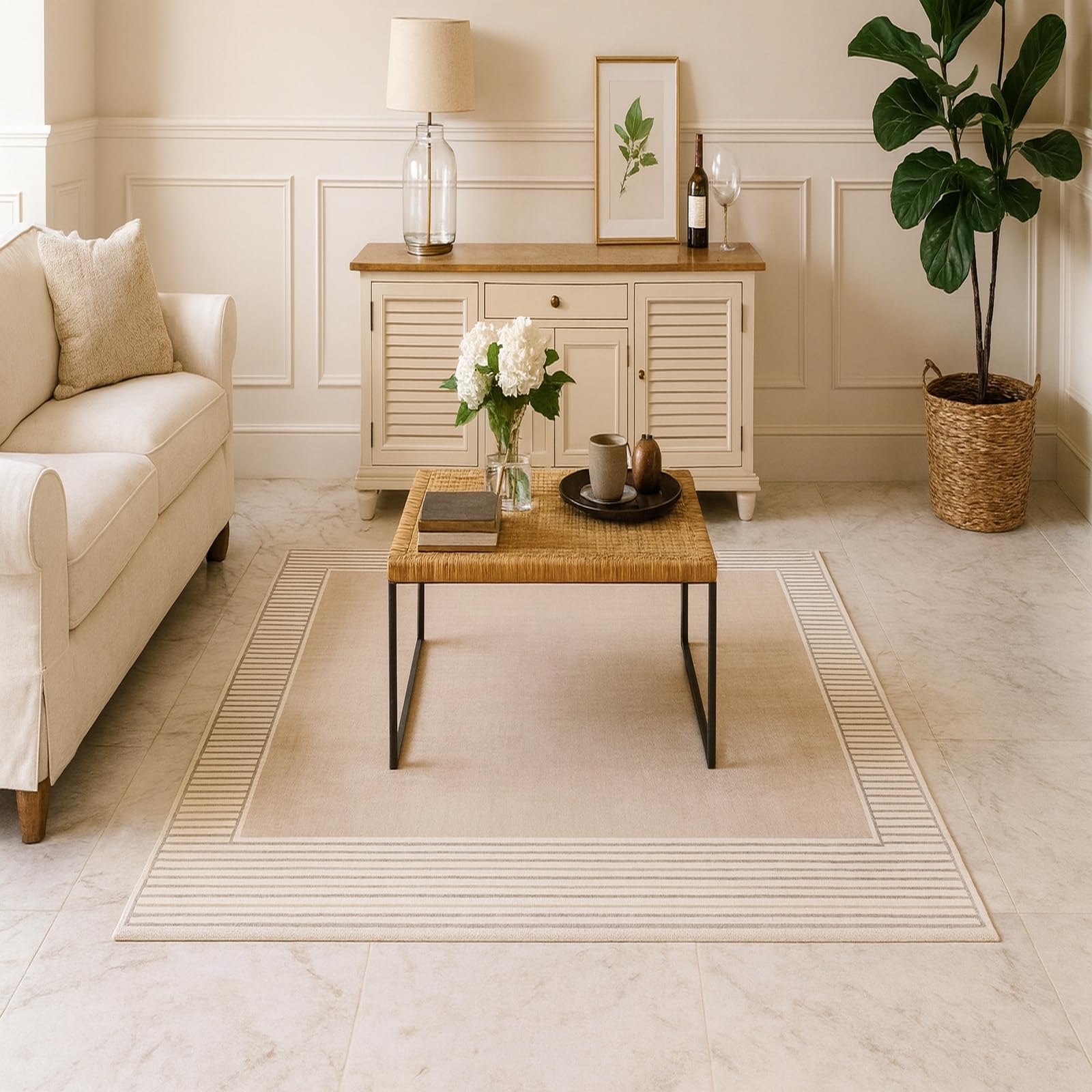 Tapis de salon 200 x 300 cm tapis lavable poil ras géométrique moderne beige