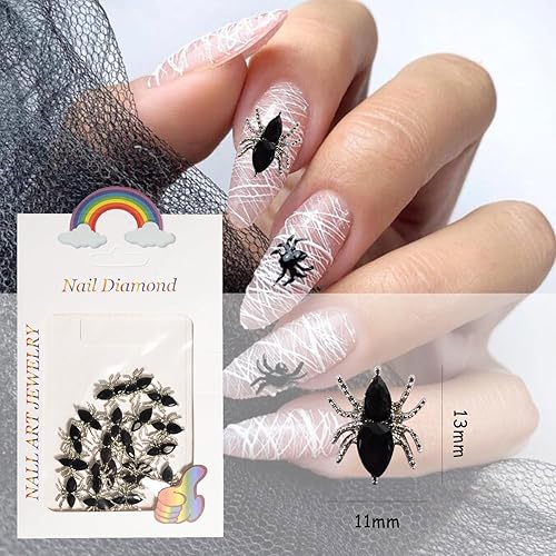 Miniatura 5 de Dijes negros de Halloween para uñas acrílicas, 20 piezas de araña 3D con diamantes de imitación, gemas de arte de uñas de metal punk, dijes de