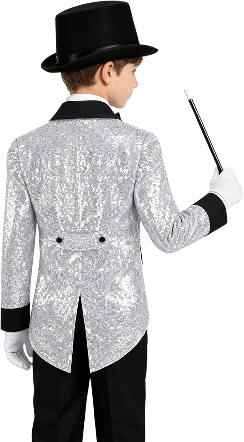 Linjinx Kids Glitter Suit Jacket Blazer with Hat Gloves and Wand Circus Magic Shows Dancing Coat Dress Up Silver 12 Years