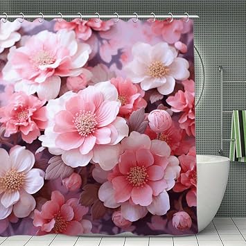 Shower Curtain, 70.8" W X 70.8" L, Pink Floral Printed Fabric Shower Curtains Bathroom Curtain with Hooks