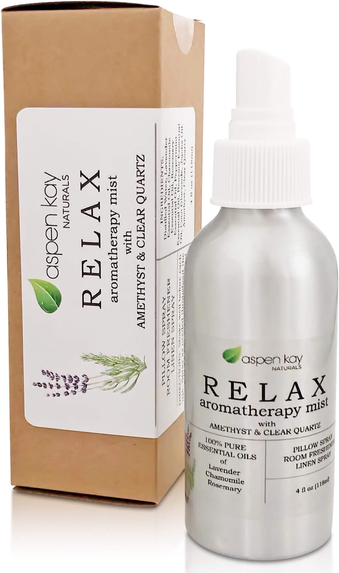 Aspen Kay NaturalsAromatherapy Spray, Relax & Calming, Made with 100% Pure Lavender & Chamomile Essential Oils. Room & Linen Spray, with Amethyst & Quartz Crystals in Each Bottle. 4 Ounce.