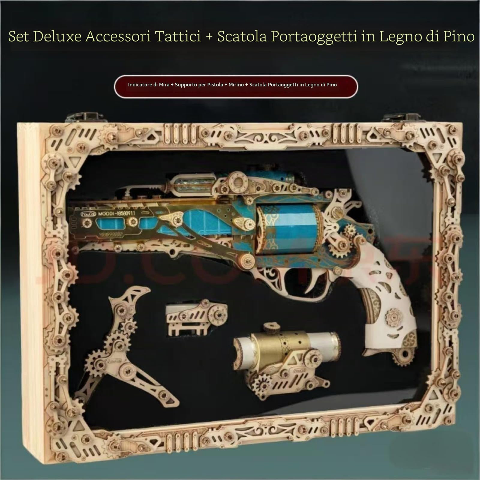 Kit di modellismo meccanico di revolver steampunk, corpo blu giada + accessori tattici + scatola da collezione, set deluxe, giocattolo antistress in legno fai-da-te.