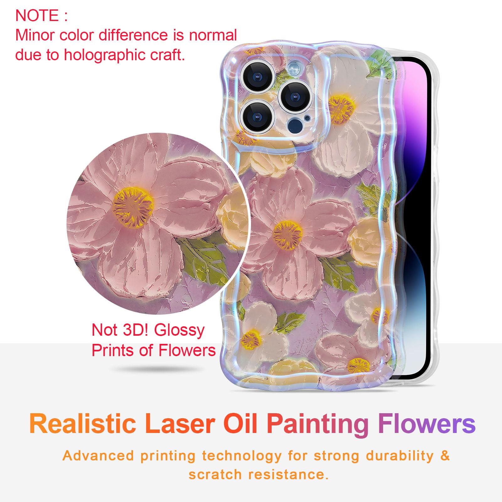 EYZUTAK Case For IPhone 14, Colorful Retro Oil Painting Printed Flower Laser Glossy Pattern Cute Curly Waves Border Exquisite Phone Cover Stylish - View #3