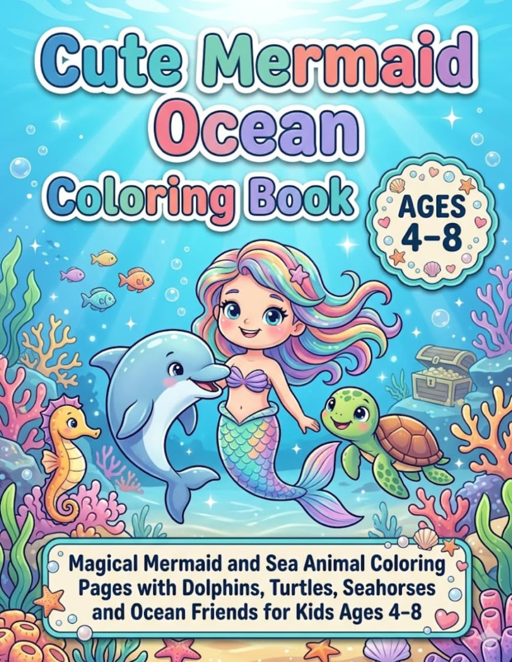 Cozy Mermaid and Ocean Friends Coloring Book: Cute Mermaid and Sea Animal Coloring Pages for Kids Ages 4-8