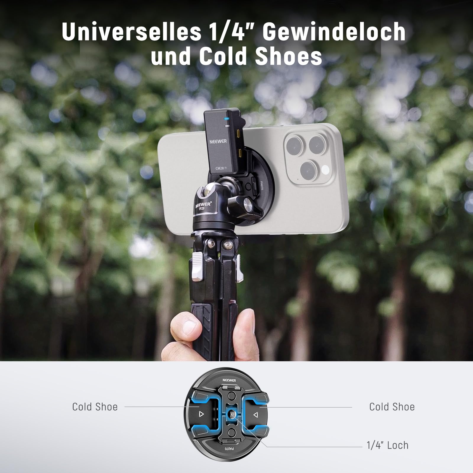 NEEWER Magnetische Handy Stativ Halterung mit Action Kamera Adapter, Cold Shoe mit Anti Off Pin 1/4Gewinde, kompatibel mit MagSafe iPhone 16 15 14 13 12 Serie DJI Schnellwechsel Adapter Mount, PA070