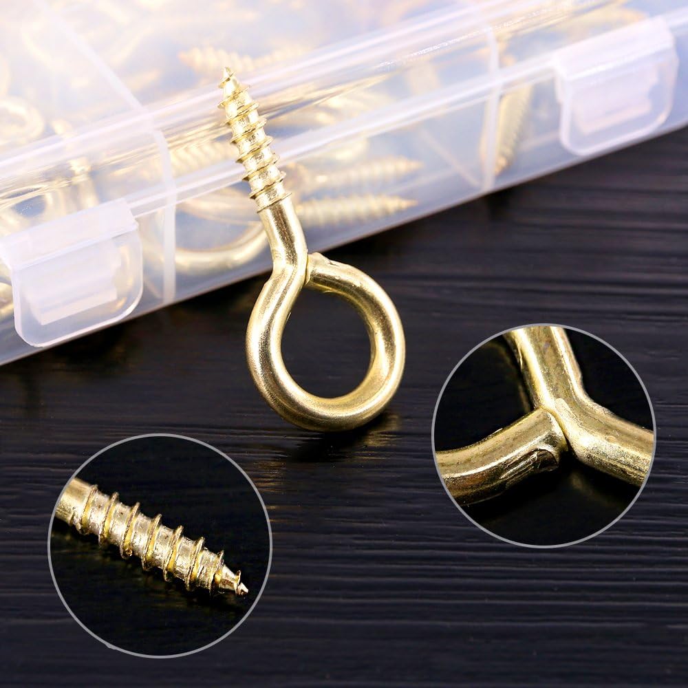 Swpeet 120Pcs 6 Sizes Metal Screw-in Eye Bolts Screw Eyes Hooks Kit, Gold Screw Eyes Hooks Self-Tapping Screws Hooks for Home/Workplace/Office image 3