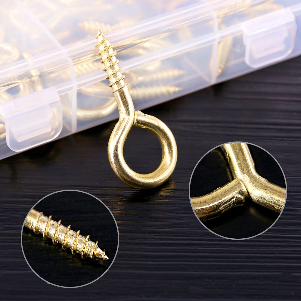 Swpeet 120Pcs Metal Screw-in Eye Bolts & Hooks Kit, 6 Sizes, Gold Finish, Ideal for Home/Office - Image 4