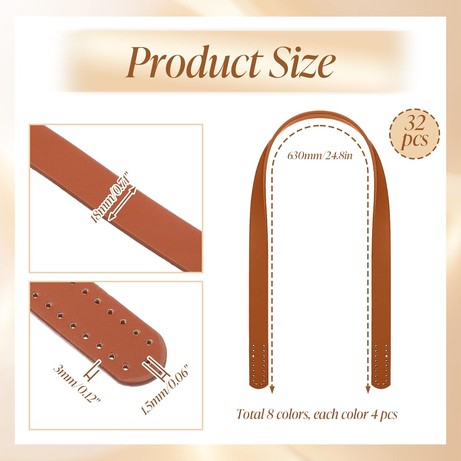 32pcs PU Leather Purse Straps, 8 Colors 24.8" Sew On Bag Handles Replacement for DIY Crochet Tote Underarm Wallet Purse Repair Making Supplies