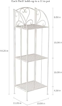 Plant Stand 3-Tier Vertical Shelf Indoor or Outdoor Folding Wrought Iron Home Garden Display with Laser Cut Shelves by Pure Garden (Antique White)