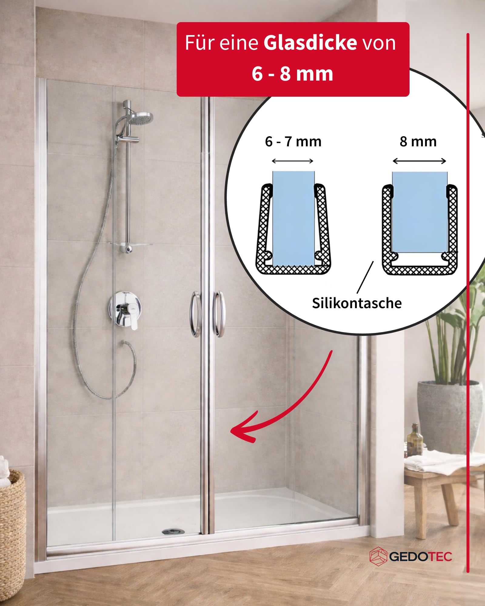 Gedotec Junta magnética de labio de ducha impermeable para puertas de ducha – 1 par de juntas magnéticas 180° sin tope – Junta magnética de ducha PVC Longitud: 2 m – Junta de ducha 6 mm – 8 mm