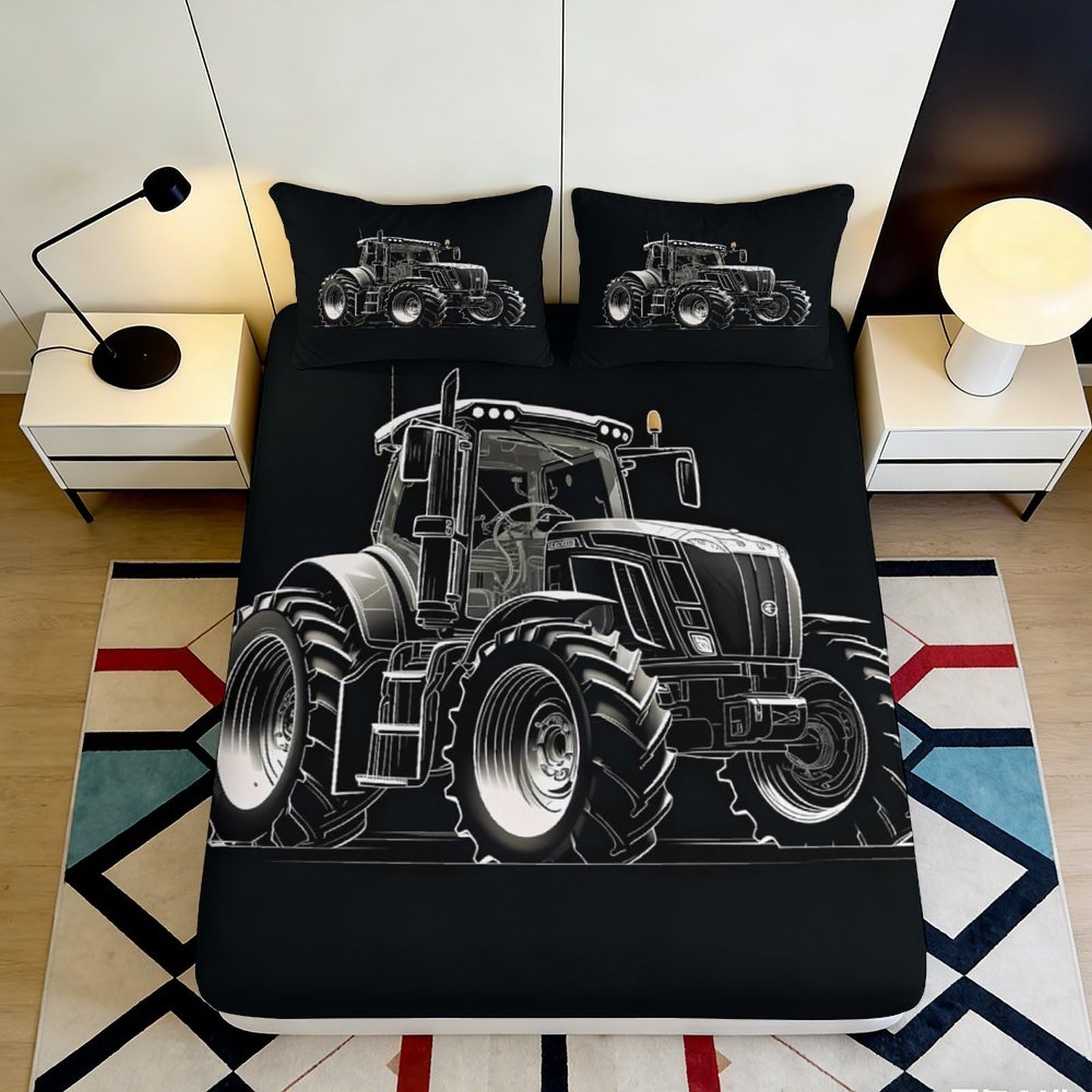 3D Printed Black Tractor Fitted Sheet Microfiber Non-slip Farm Machinery Bed Cover for Bedroom Dorm Mattress Protection Decor 160x200x25cm