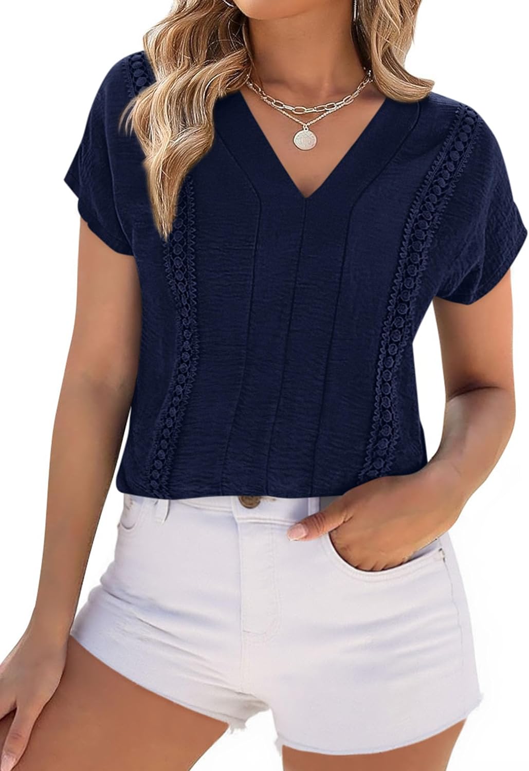 PRETTYGARDEN Blouses for Women Dressy Casual Spring 2026 Cap Sleeve V Neck Lace Trim Boho Tops Work Shirts Summer Clothes