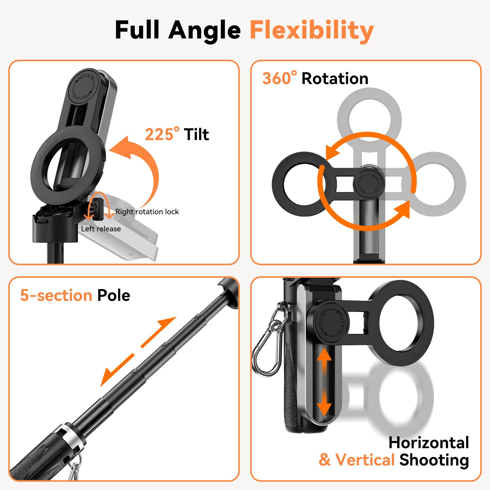 CloudValley Magnetic Mini Selfie Stick Tripod, kieszonkowy statyw do telefonu 4 w 1 z możliwością obrotu o 360°, ładowalny pilot Bluetooth, składany uchwyt