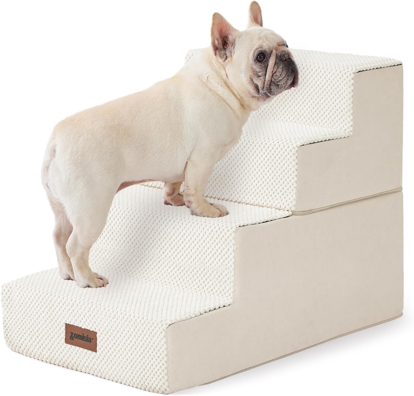 Dog Stairs for Small Dogs - Pet Stairs 2 in 1 with Zippers Suitable for Couch and Bed, 35D Foam Dog Steps with Non Slip Bottom Grey 4 Steps, Beige 4-Step ( 15x24x18 ) Fleece Beige