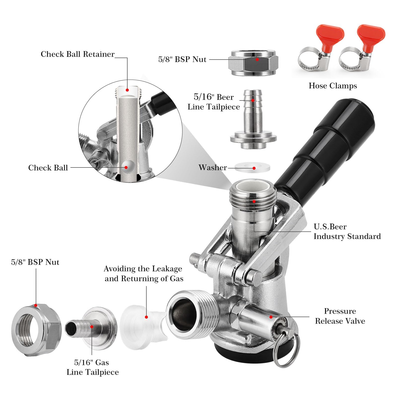 Acoplador de barril de acero inoxidable 304 Sankey Keg Acoplador de barril sistema D para Kegerator 5/16 púas G5/8 tuercas US Sanke D Acoplador de cerveza con válvula de retención, arandela de