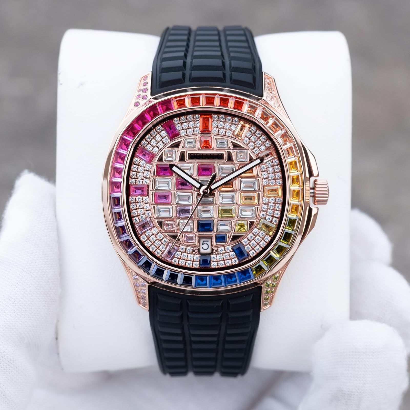 OBLVLO Orologio automatico con quadrante impreziosito da cristalli di lusso, display della data, lunetta in pietra baguette, cinturino in gomma FM-DSL