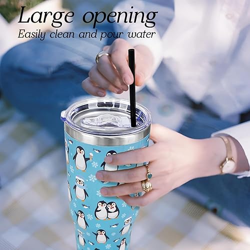 Miniatura 4 de Pingüino - Vaso de 40 onzas con asa y pajilla, lindo pingüino, de acero inoxidable, aislado al vacío, para café helado, botella de agua, viaje,