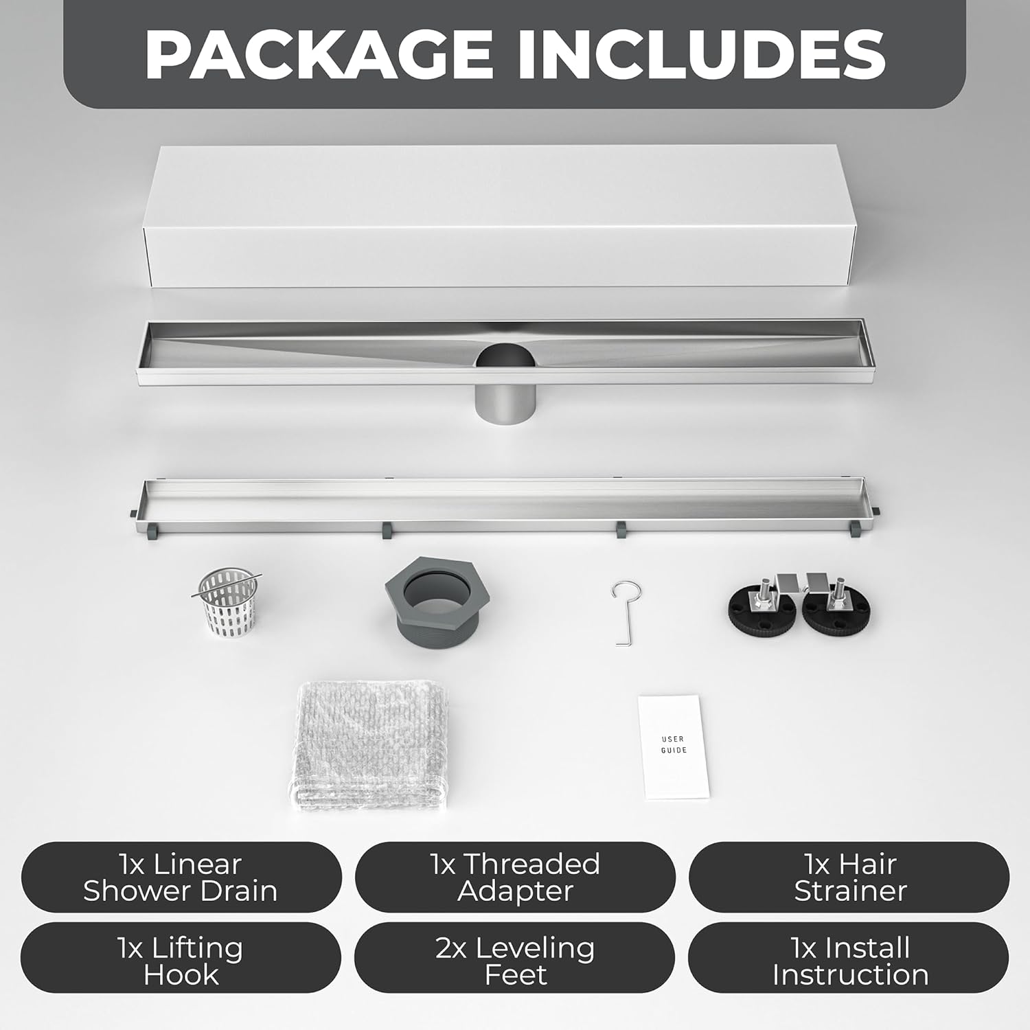 24 Inch Rectangular Linear Shower Drain Set with Reversible Flat & Tile Insert Cover, 304 Stainless Steel Bathroom Floor Drain with Hair Catcher, Shower Floor Drain Includes Adjustable Leveling Feet