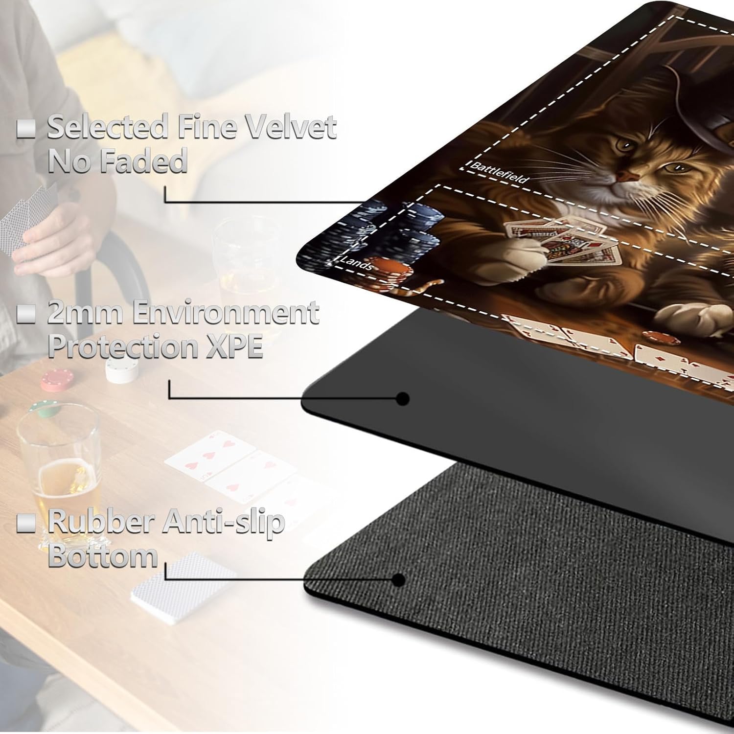 MTG Playmat with Play Zones,Cats Playing Cards Design - 24x14 Professional TCG Game Mat with Stitched Edges & Storage Bag,Non-Slip Rubber Base, for Magic The Gathering Players