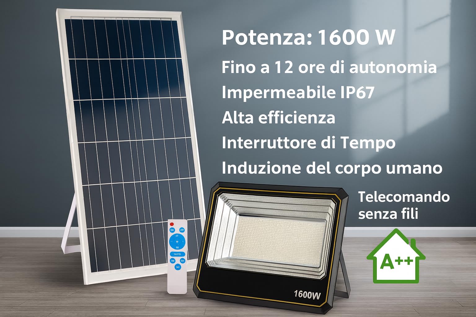 Faro LED 1600W Con Pannello Solare IP67 – 6500K, Telecomando, Autonomia 12 Ore, Per Esterni