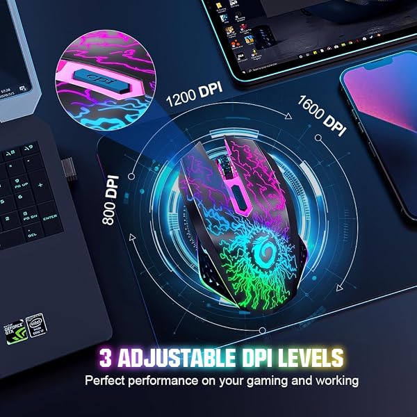 VersionTECH. Wireless Gaming Mouse Rechargeable Computer Mouse Mice Souris with Colorful LED Lights Silent Click 2.4G USB Nano Receiver 3 Level DPI for PC Gamer Laptop Desktop Chromebook Mac - 5