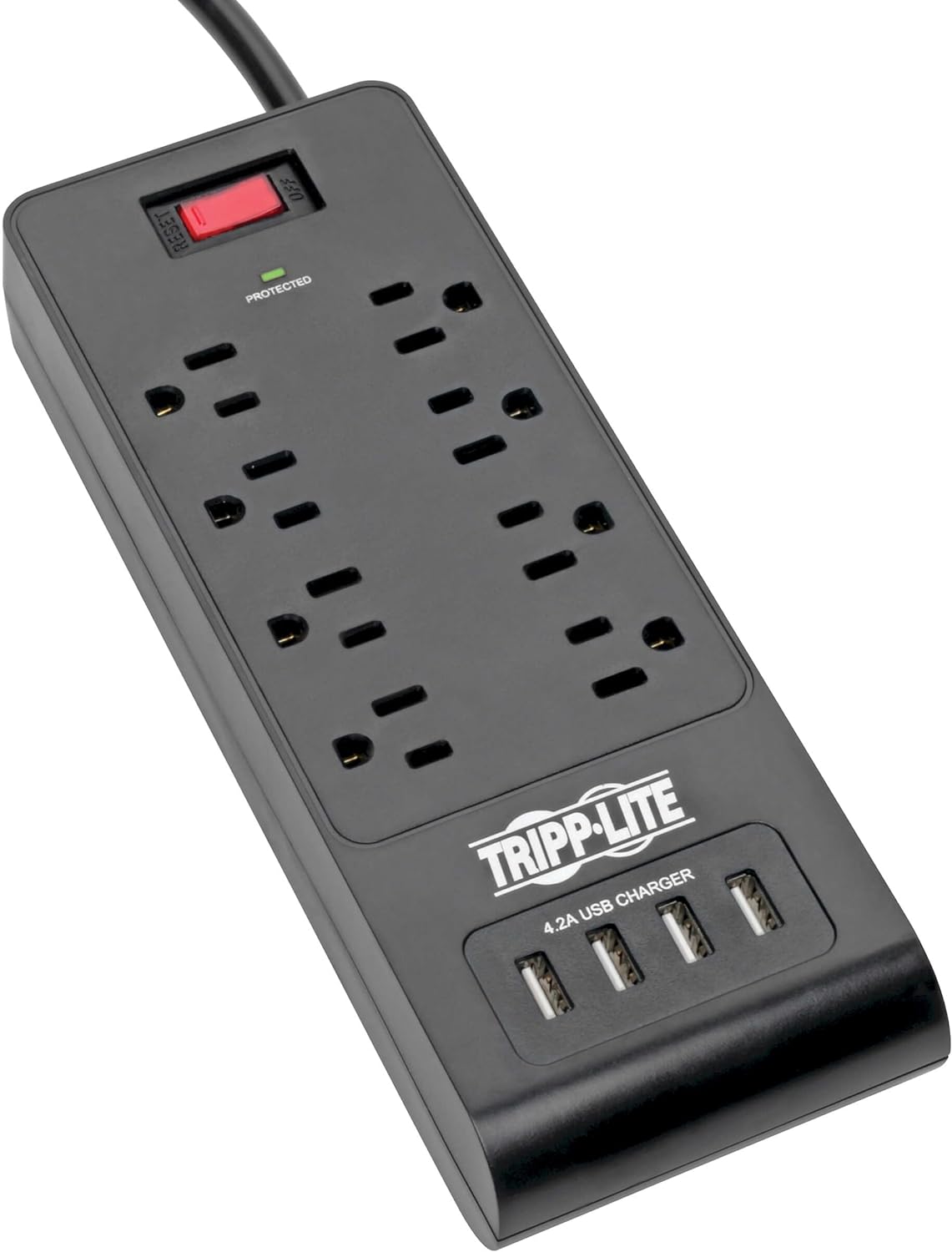 Tripp Lite Home Office Surge Protector with USB Charging, 8 Outlet Surge Protector Power Strip, 4 USB Ports, 6ft Cord, 1800 Joules, Black (TLP864USBB)