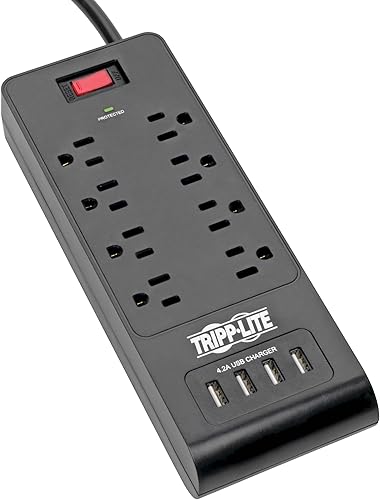 Tripp Lite Protector de sobretensiones para oficina en casa con carga USB, 8 tomacorrientes protector de sobretensiones, 4 puertos USB, cable de 6