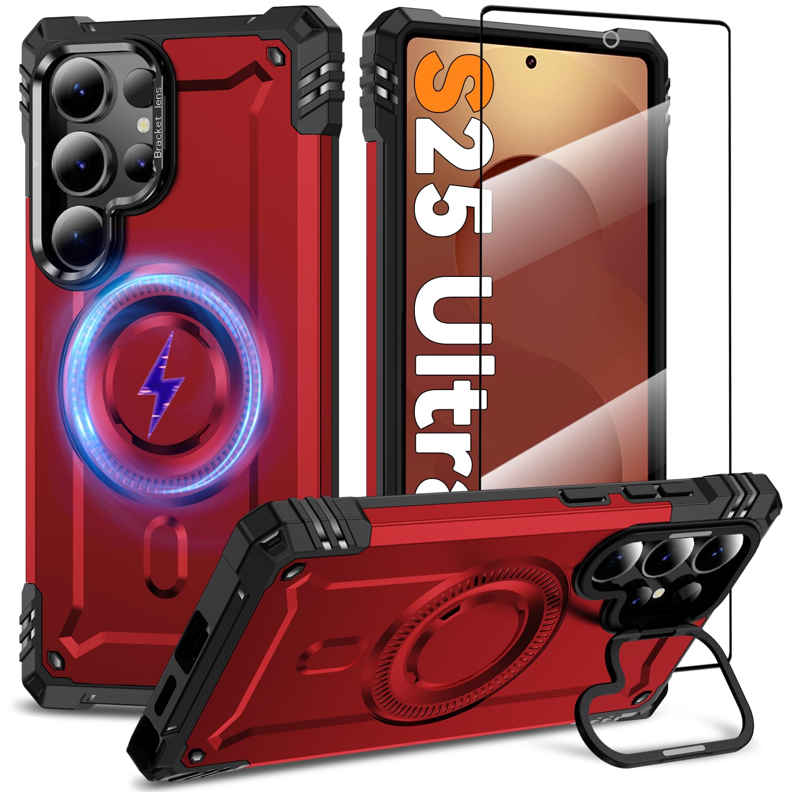 Magnetic Case for Samsung Galaxy S25 Ultra [Built-in Camera Ring Kickstand] [Screen Protector] [Compatible with MagSafe] [Wireless Charging] [