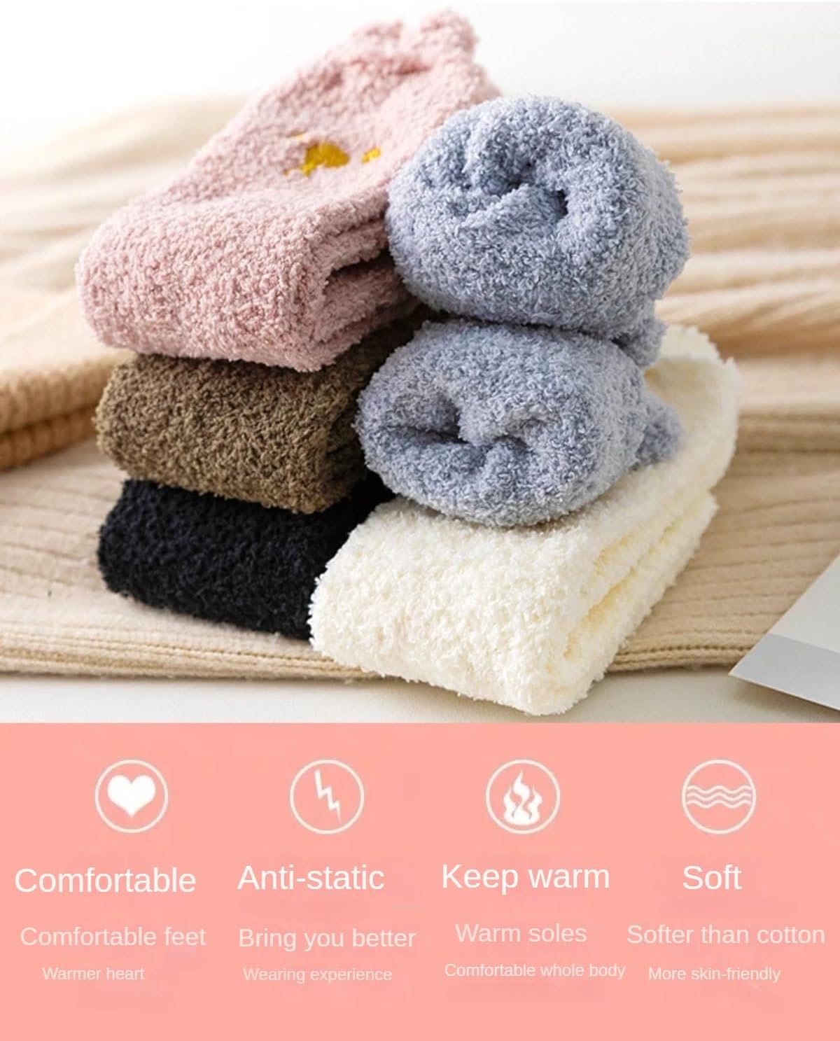 OrdaLi Fuzzy Socks Heart Shaped 5 Pairs Cozy Cat Slipper Socks Warm Hiking Winter Boot Socks for Women
