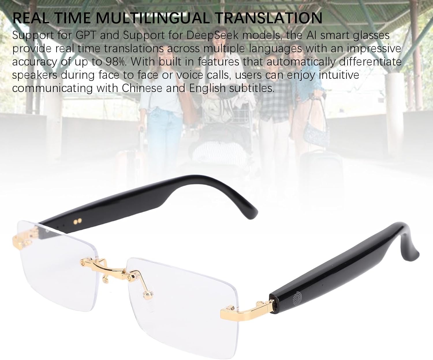 SUNGOOYUE AI Smart Glasses,5.4 Real Time Translation GPT & DeepSeek Support 98% Accuracy Multilingual AI Assistant with Noise Reduction for Business Travel Learning (Gold)