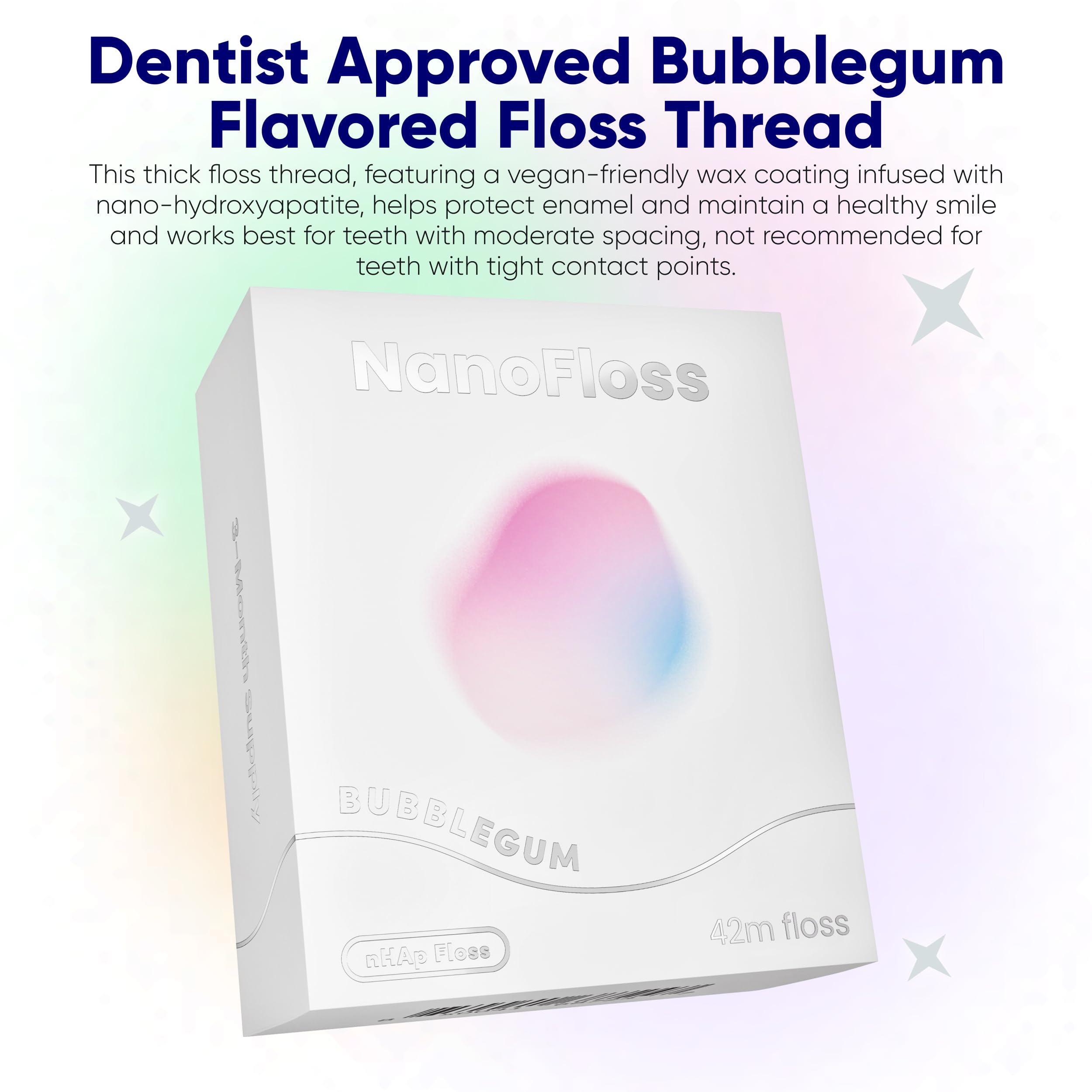 Something Nice NanoFloss Threader for Teeth, Vegan Dental Floss Thread, nHAP1000D Polyester Fiber Waxed with Nano Hydroxyapatite for Enamel Care Kid Friendly, Bubblegum Flavored, 42M