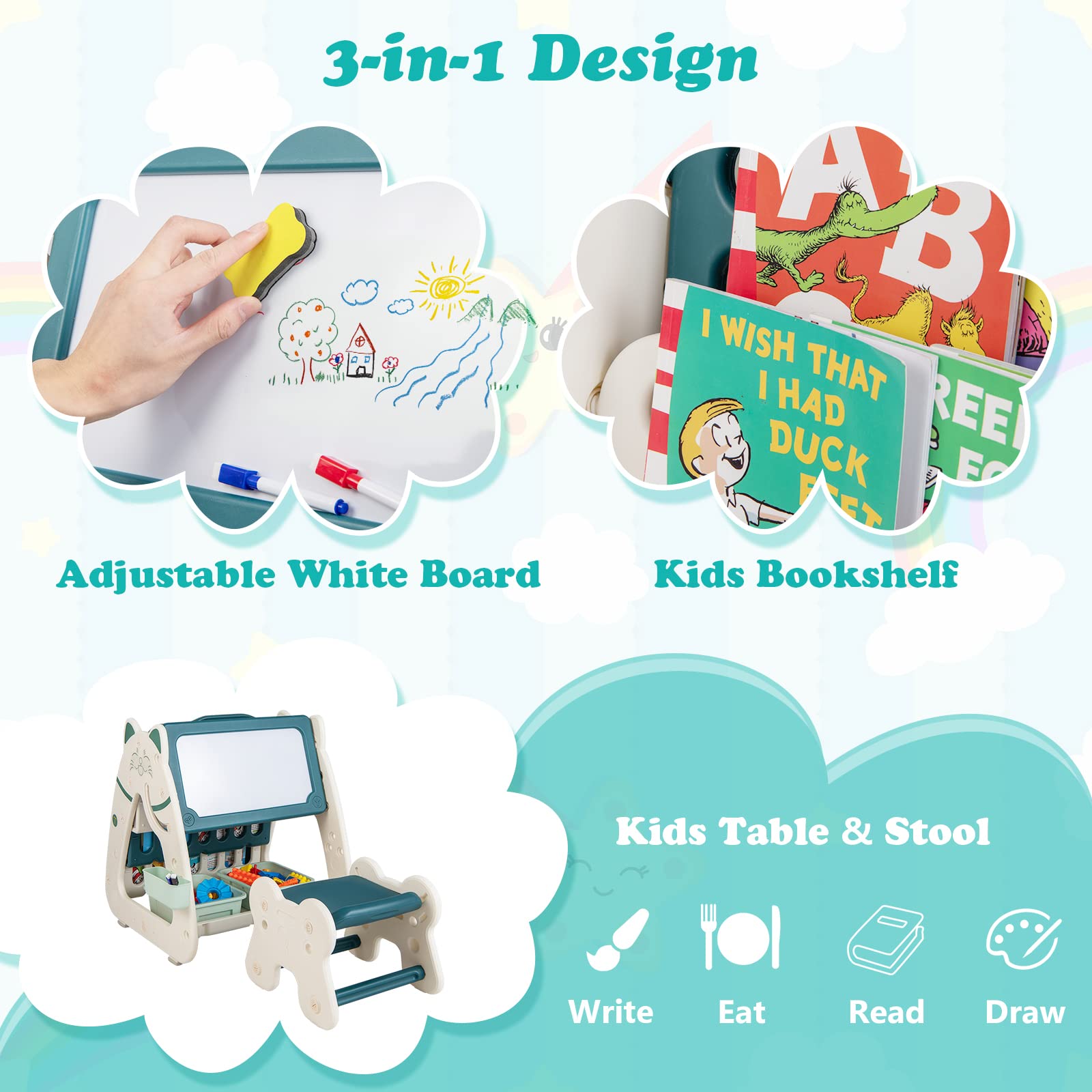 RELAX4LIFE Cavalletto Magnetico per Bambini 3 in 1 con Sgabello Regolabile in Altezza, Libreria per Bambini e Tavolo con Lavagna Cancellabile a Secco, 2 Scatole Portaoggetti, a Forma di Gatto